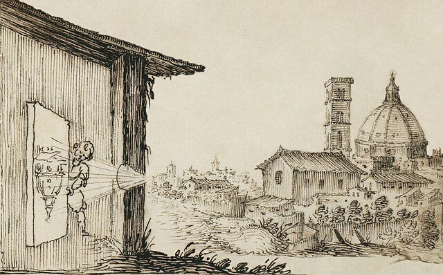 "Ilustracija principa kamere obscure, optičkog uređaja koji koristi malu rupicu za projiciranje slike na unutarnju površinu."